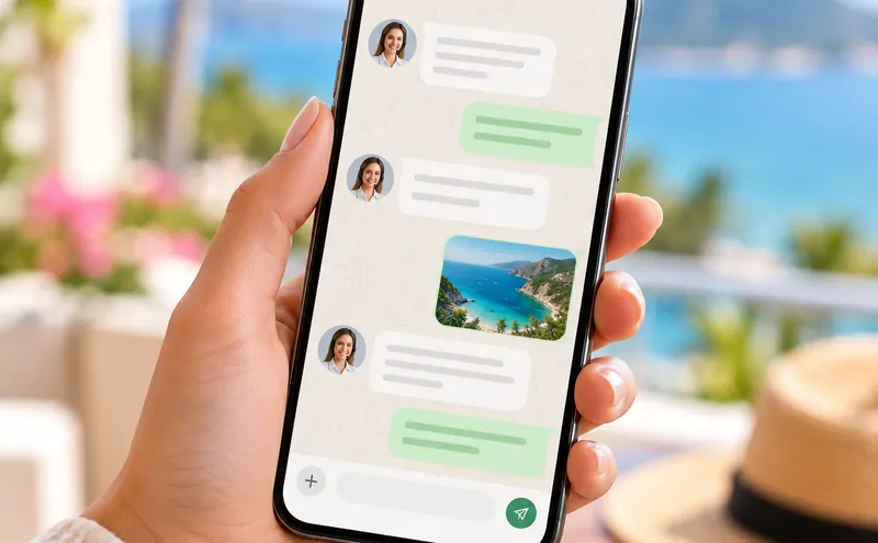 Travel chat on a phone by the sea